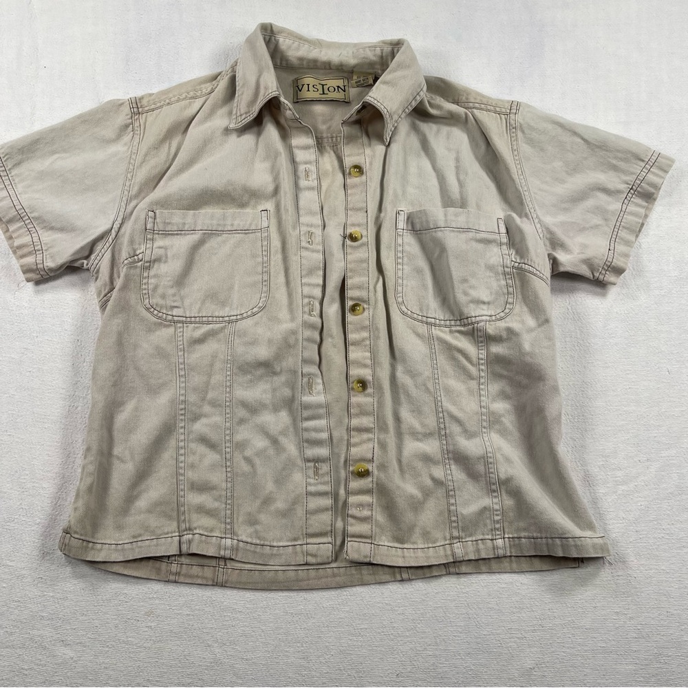 Vintage Beige Short-Sleeve cropped Button-Up Shirt minimalist natural - Picture 2 of 7